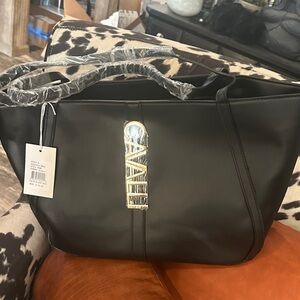 Roberto Cavalli Black Tote with Gold Logo Plaque